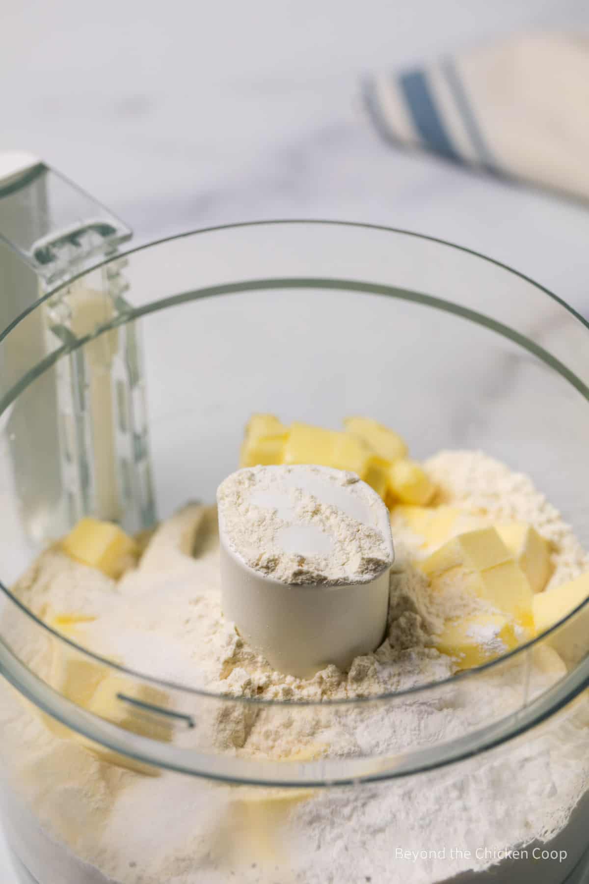 Flour and butter in a food processor bowl.