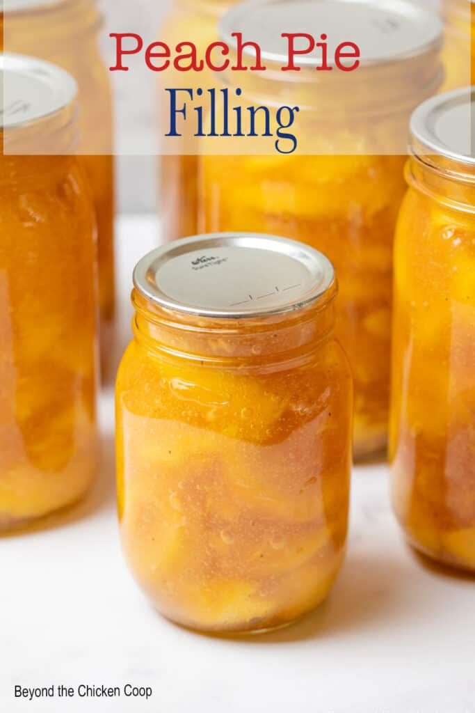 Jars filled with sliced peaches in a pie filling.