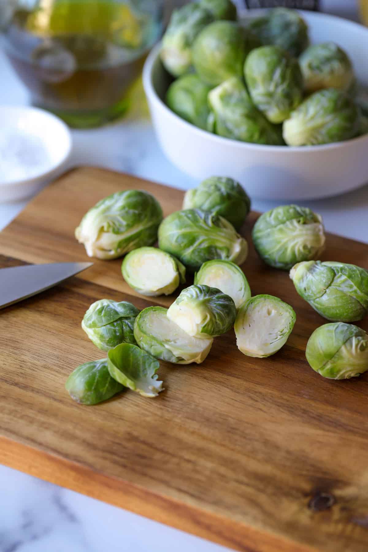 Brussels sprouts on a cutting board. 