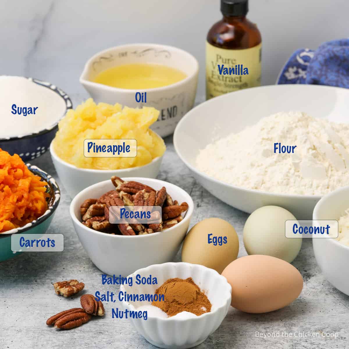 Ingredients for making a carrot cake. 