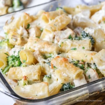 A casserole dish filled with pasta and chicken.