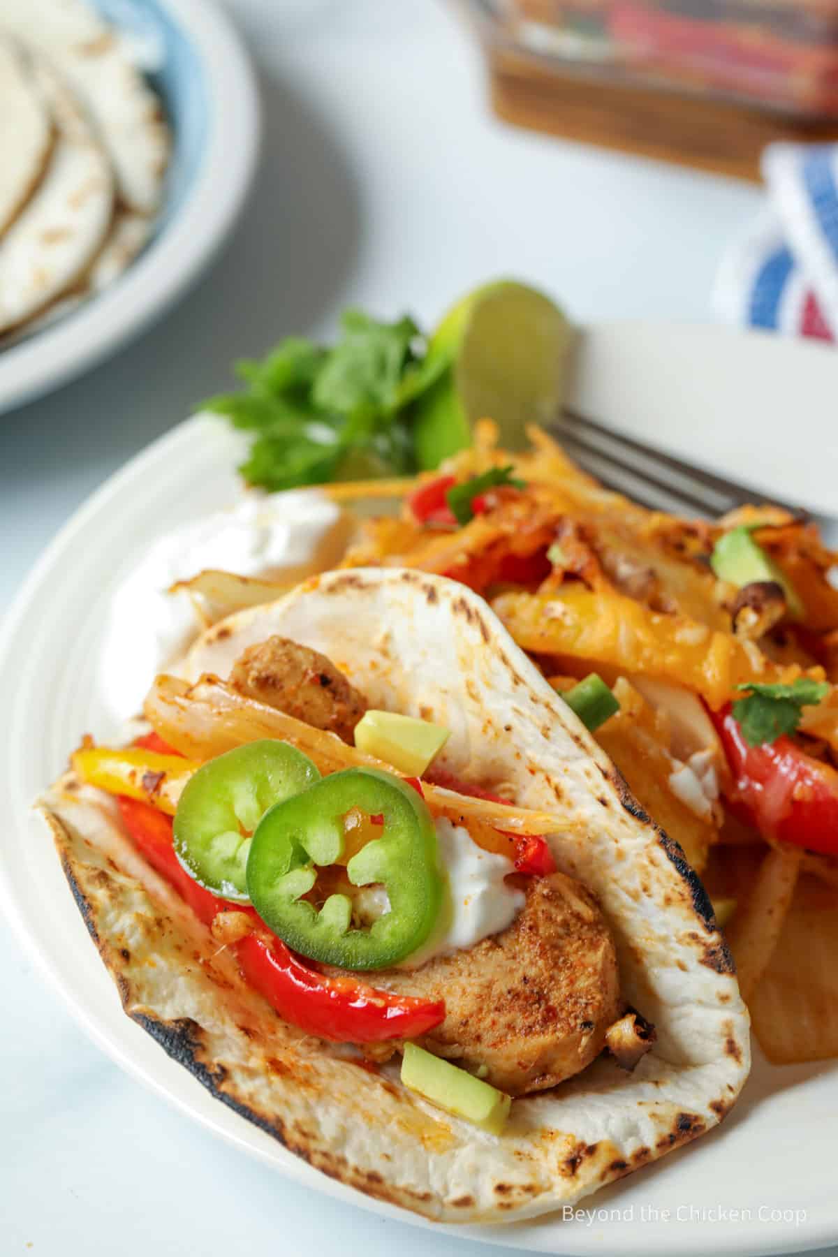 Chicken fajitas in a flour tortilla.