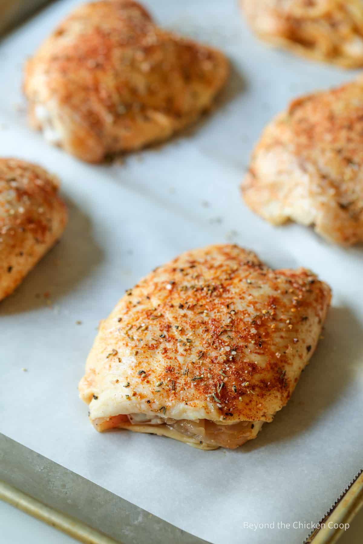 Chicken thighs covered with seasoning. 