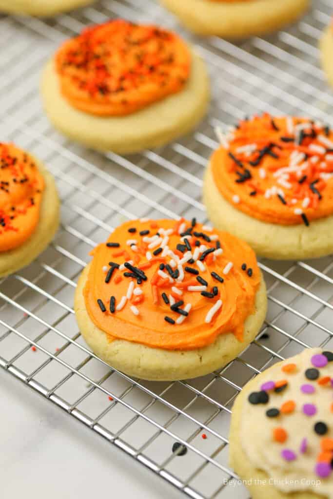 Halloween Lofthouse cookies on a baking rack.