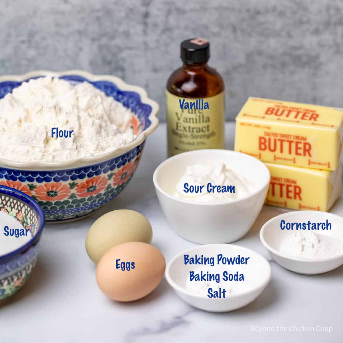 Bowls of dry ingredients for making sugar cookies. 