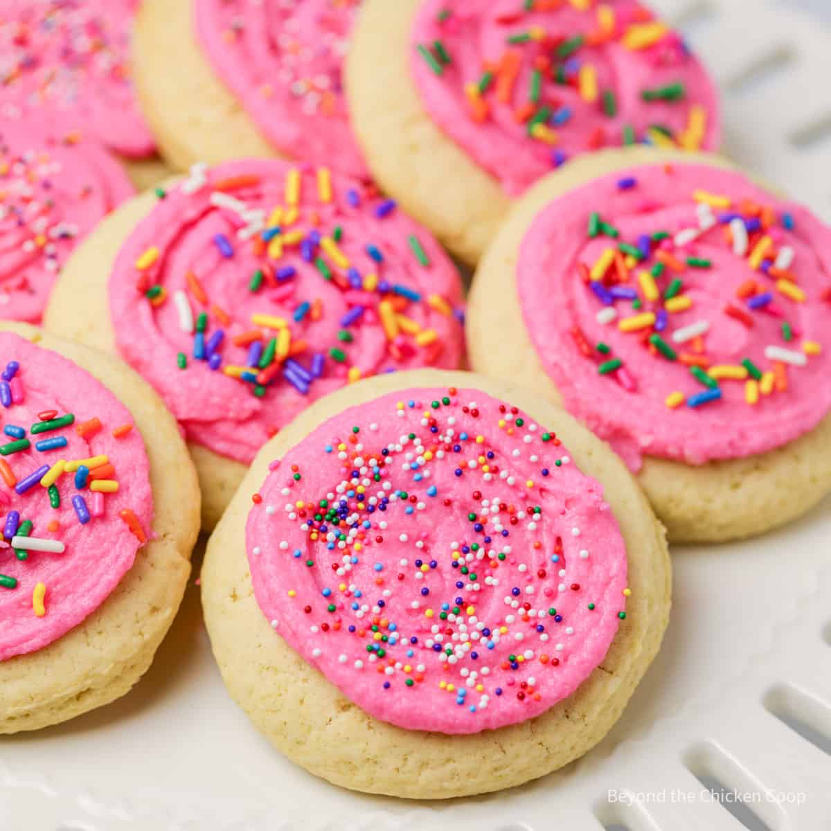 Pink frosted sugar cookies topped with sprinkles.