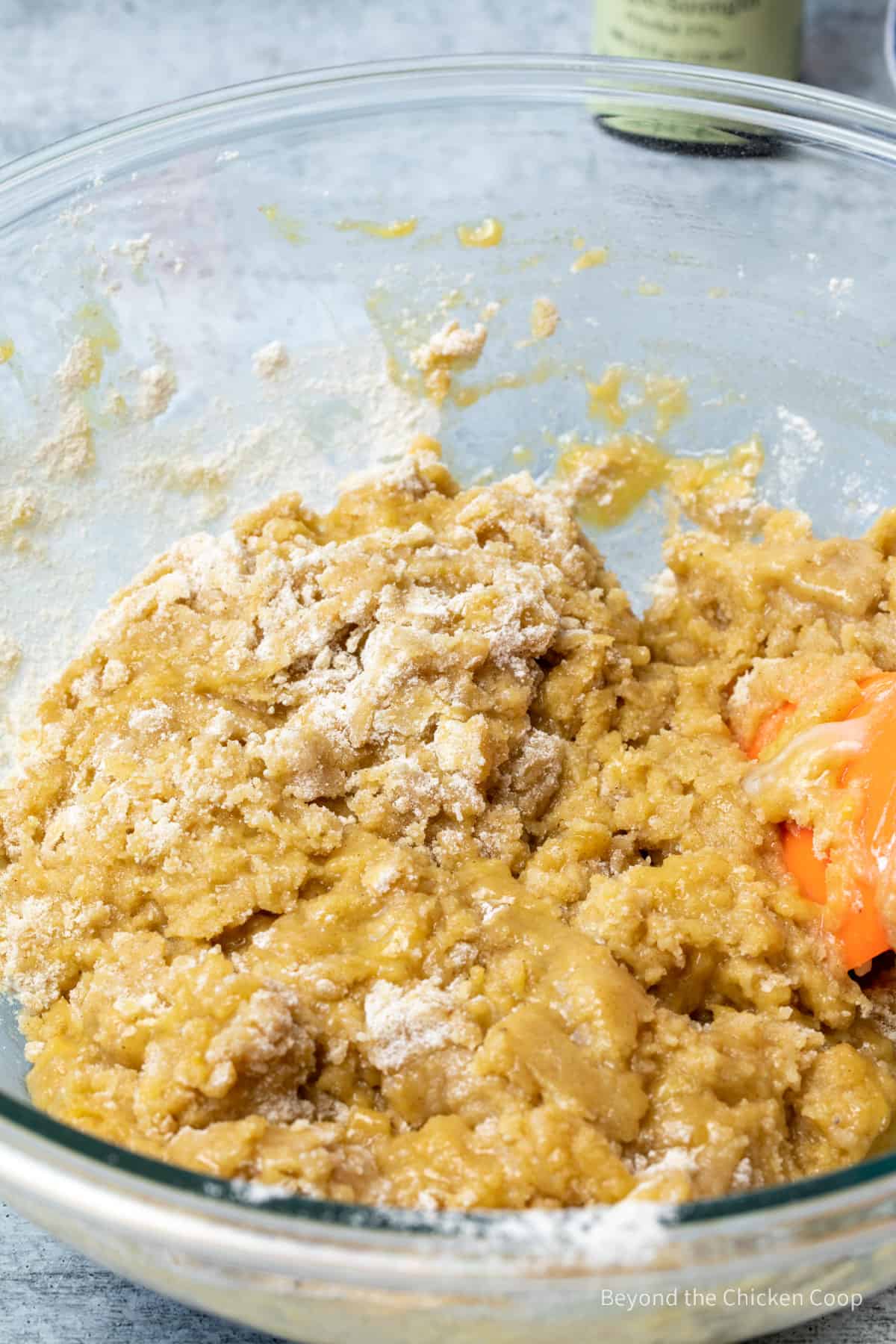 Cake batter in a glass bowl. 