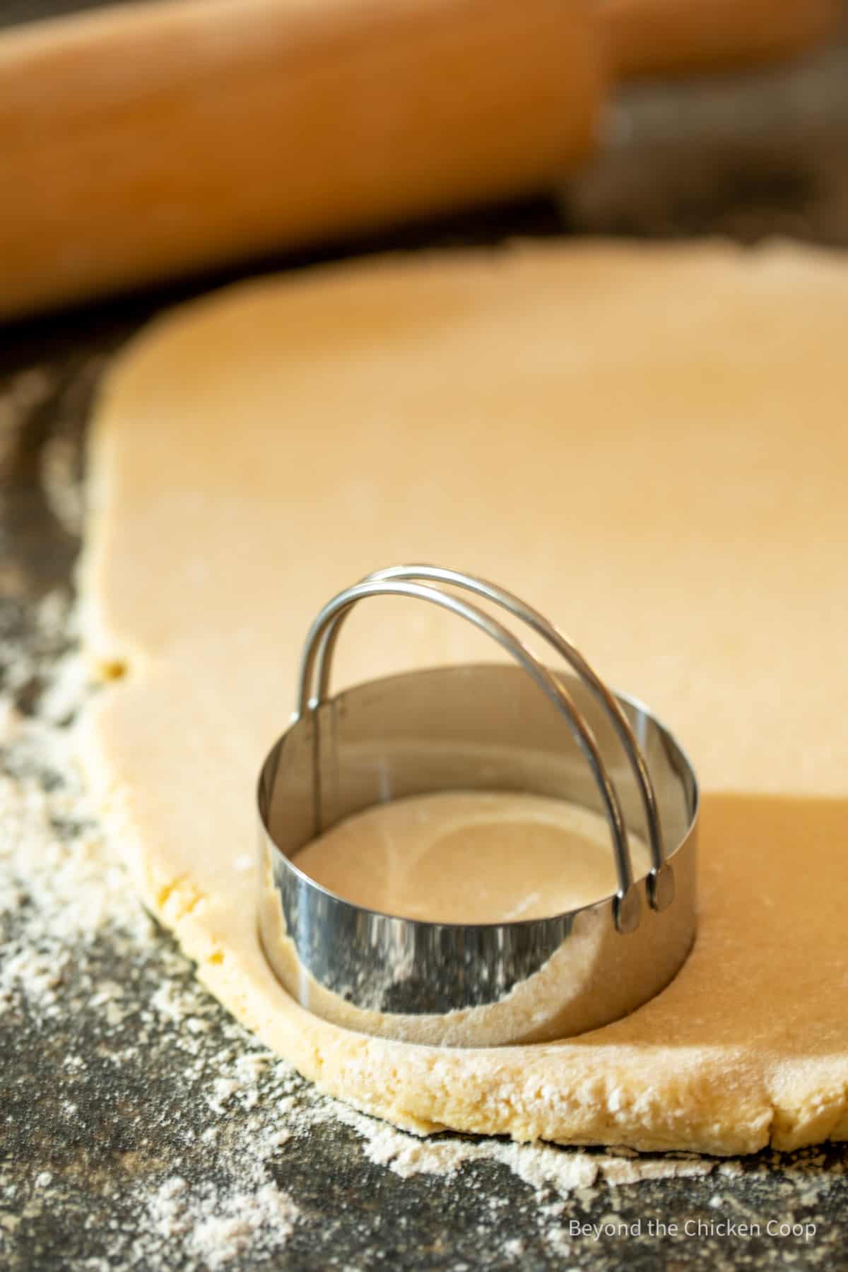 Rolled sugar cookie dough with a round cookie cutter.