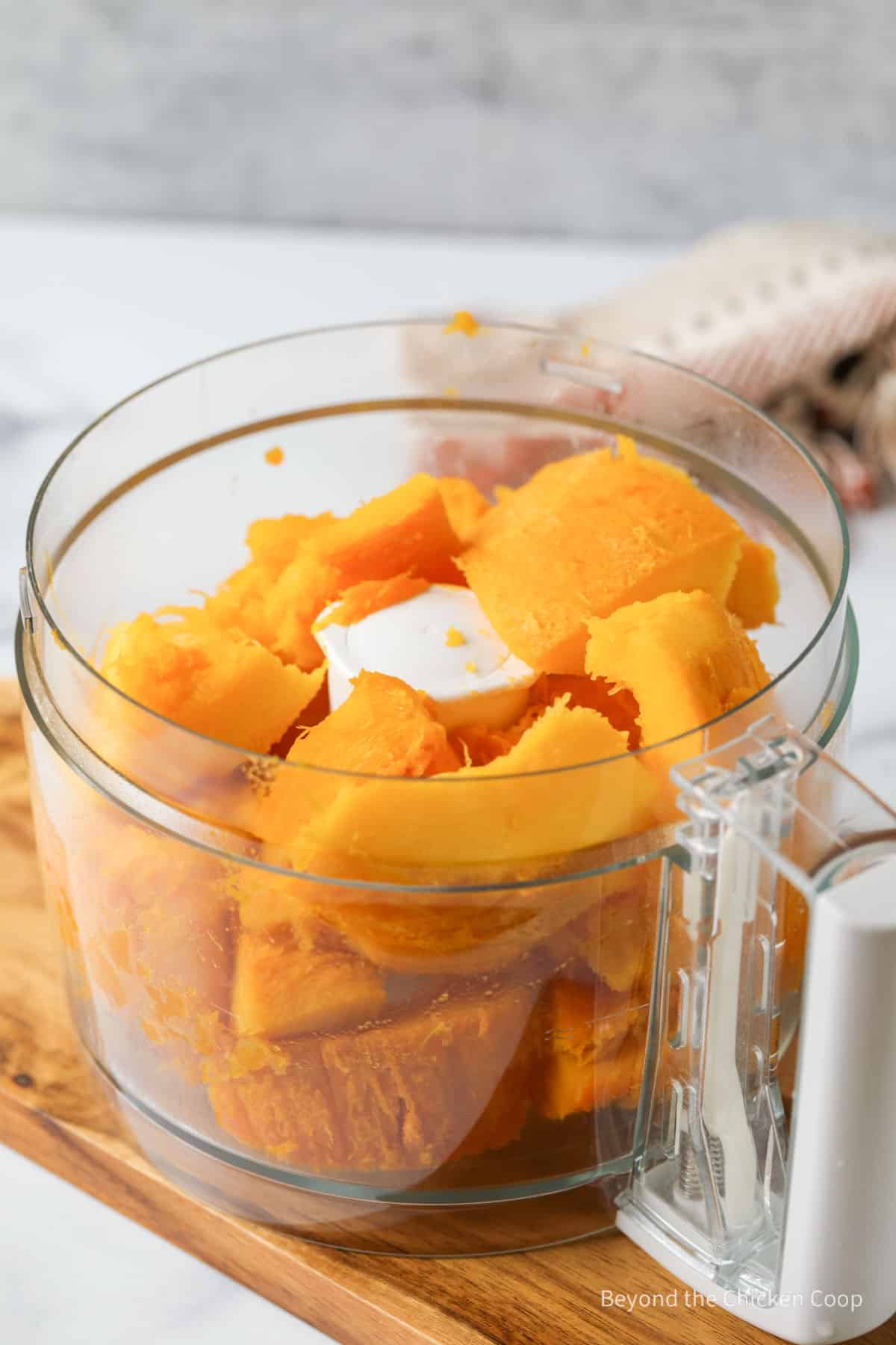 Pumpkin chunks in a food processor.