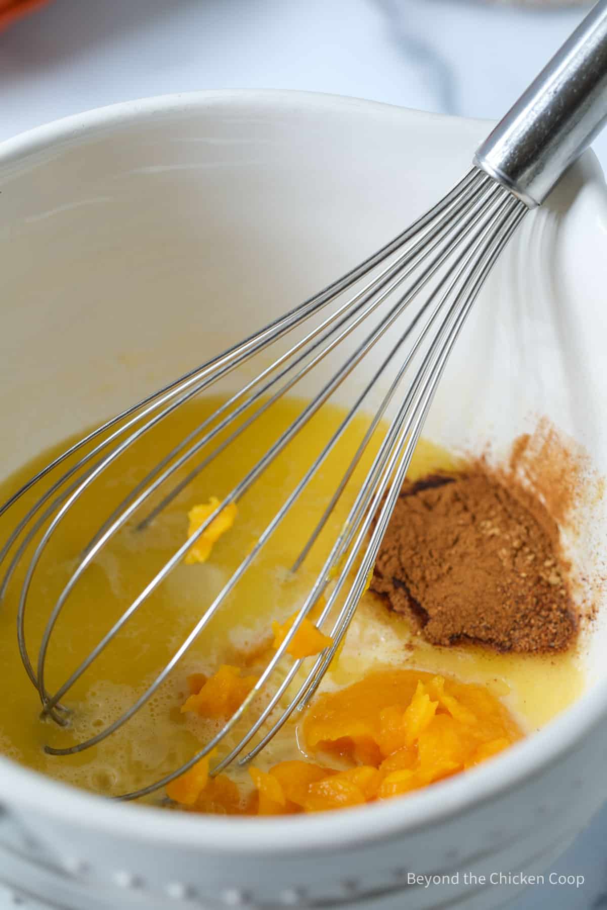 Whisked eggs with pureed pumpkin and spices. 