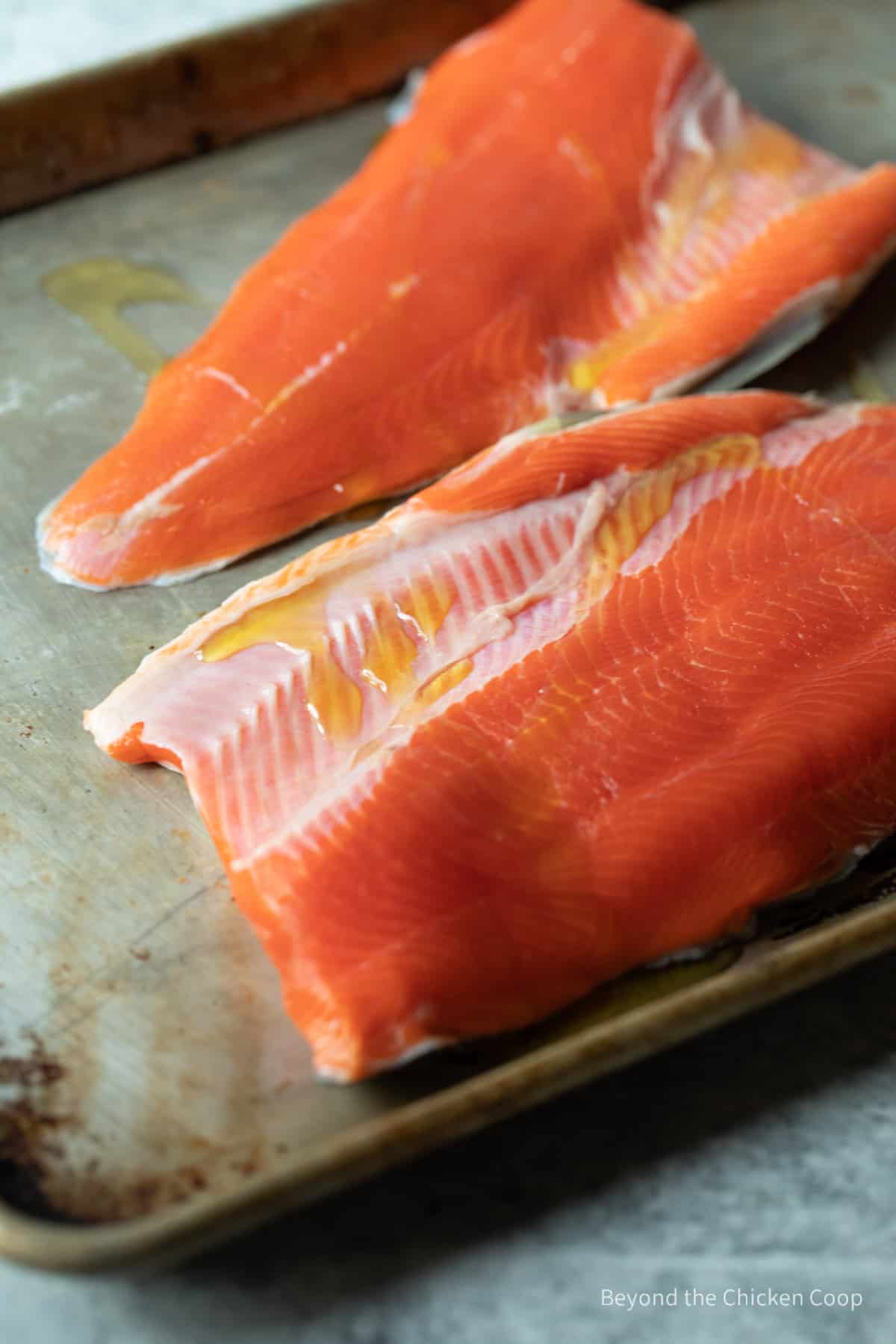 Fish drizzled over the top of salmon.