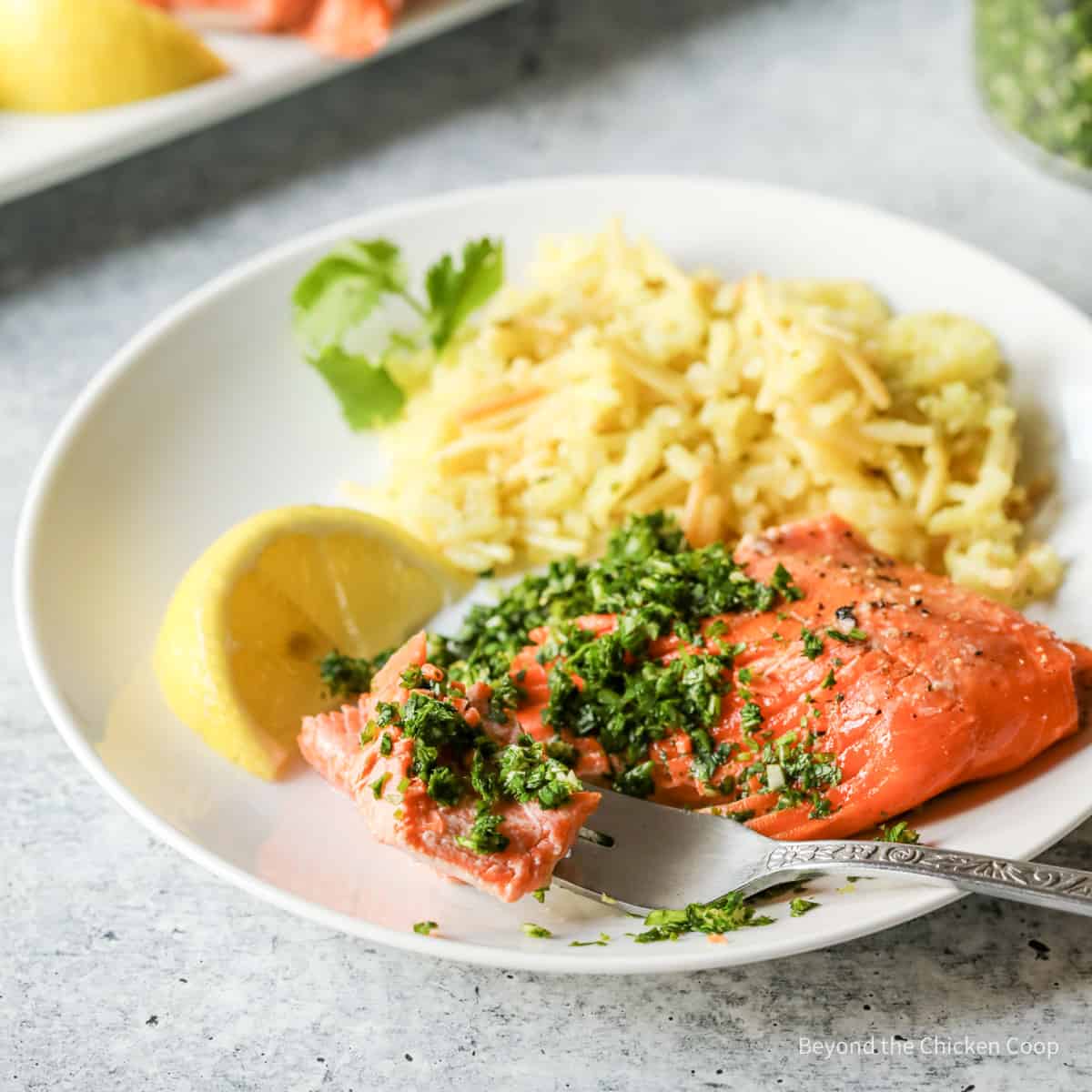 Salmon fillet topped with gremolata on a plate with rice. 