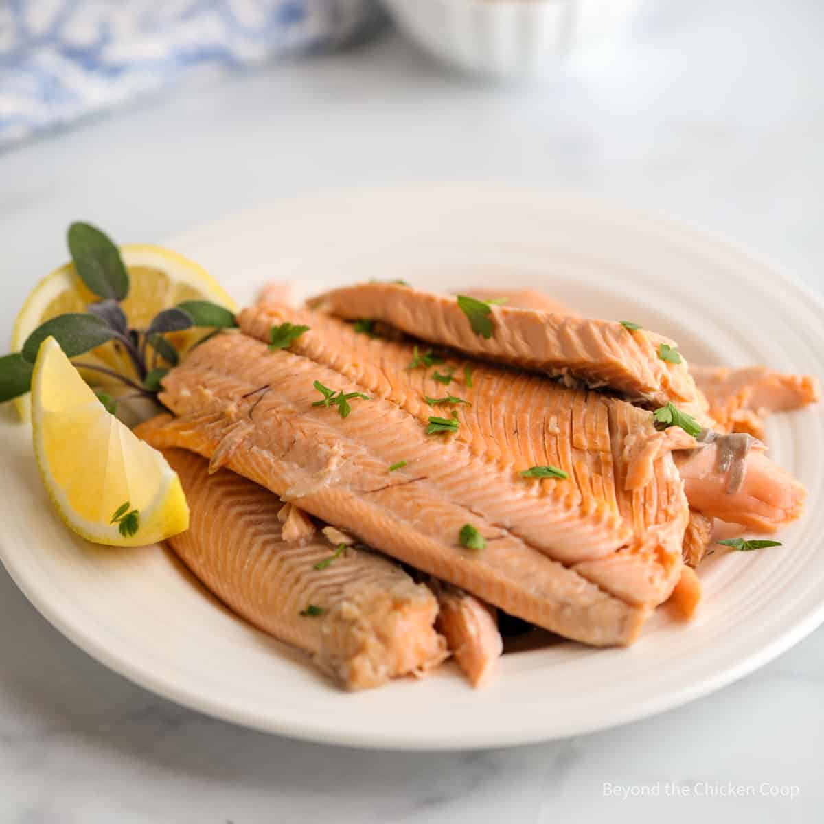 Trout fillets with lemon and sage on a plate. 