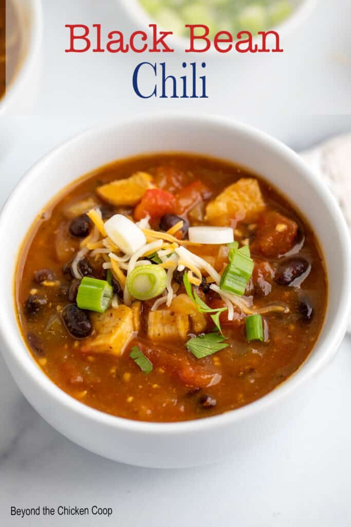 A bowl filled with chili with chicken and black beans.