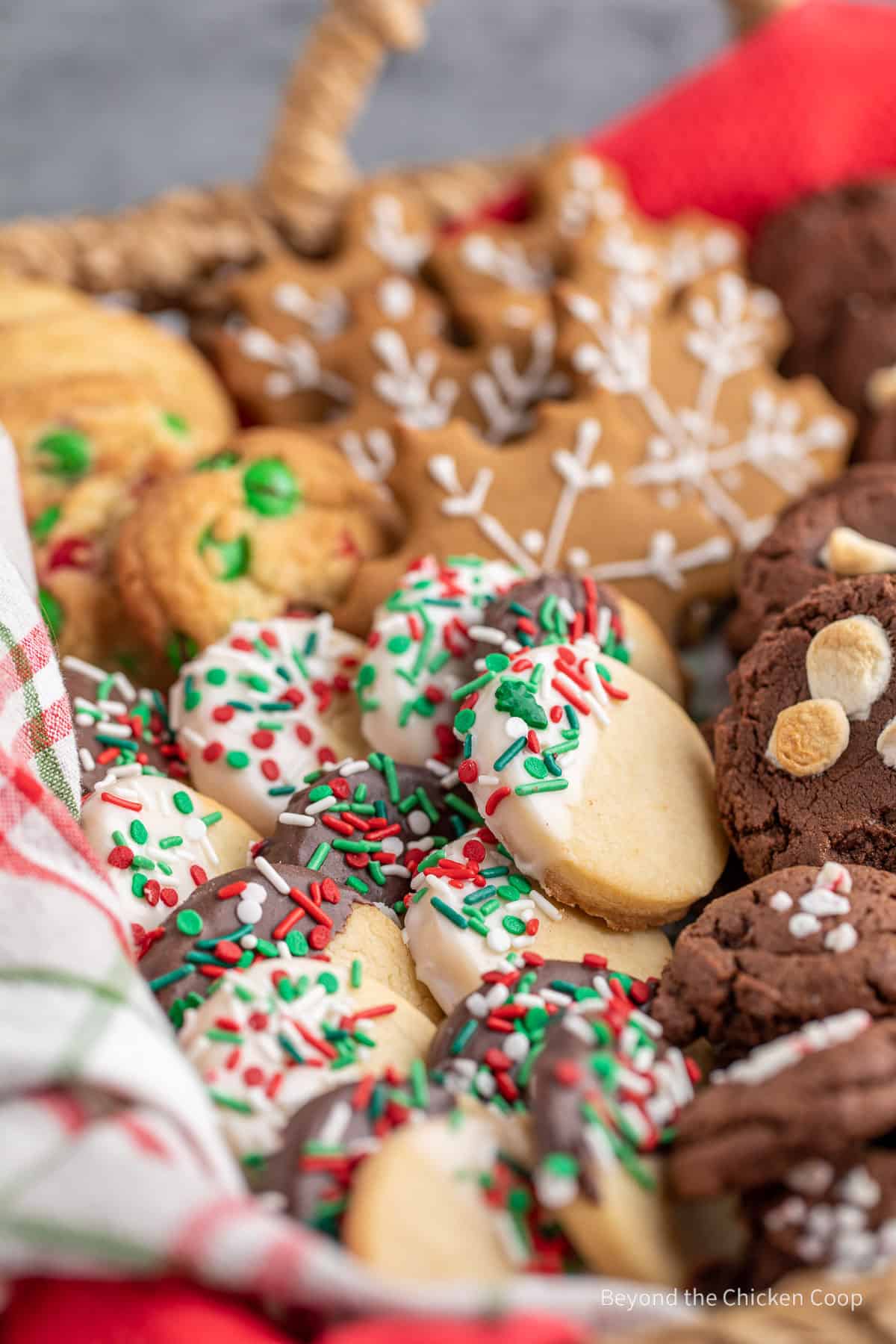A basket filled with Christmas cookies.