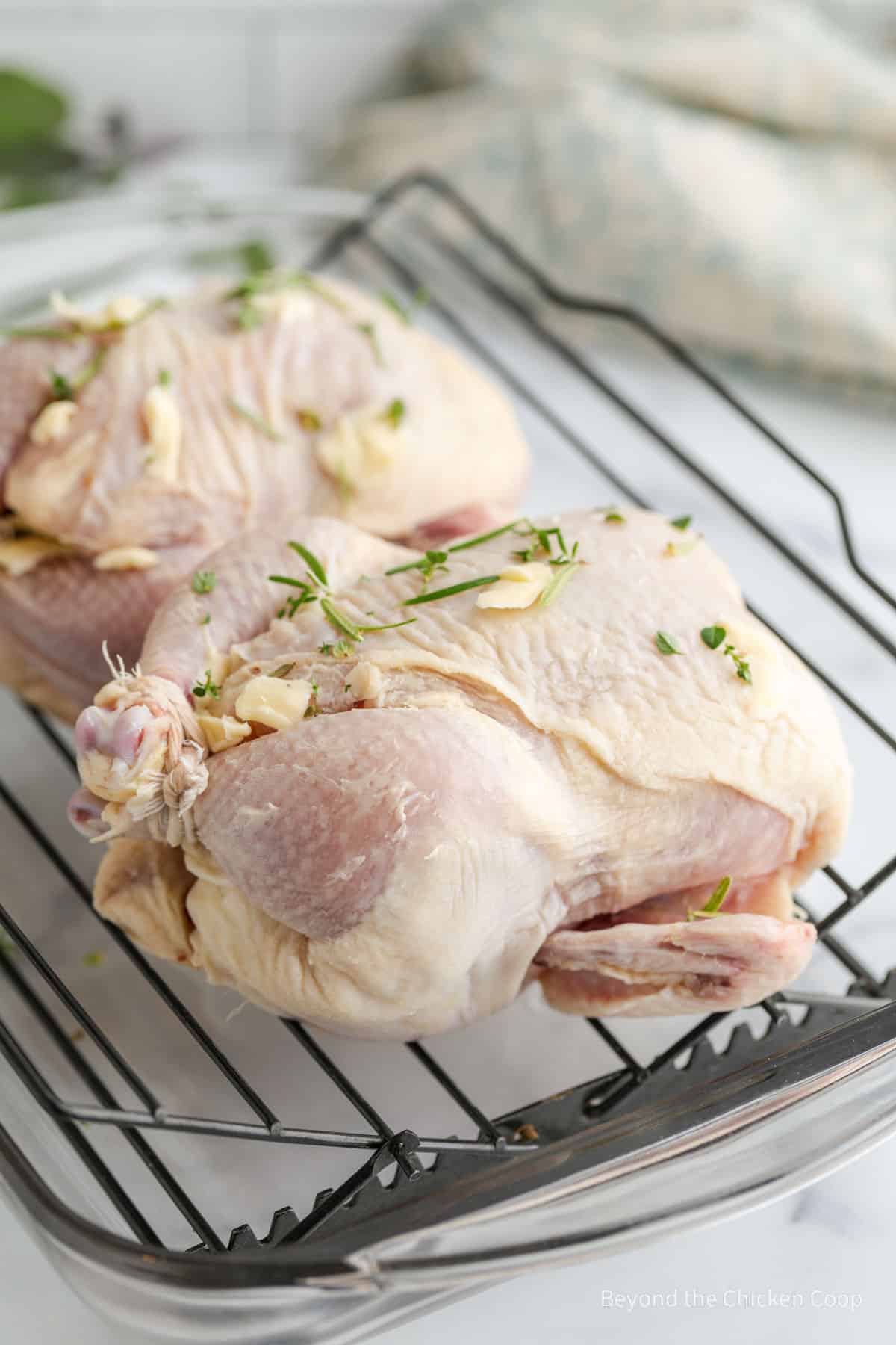 Butter and herbs on uncooked hens. 