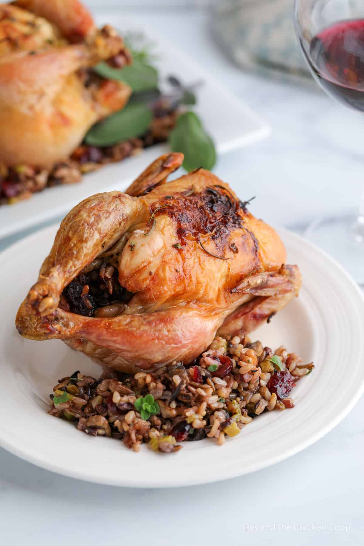 Wild rice stuffing next to a baked cornish hen.