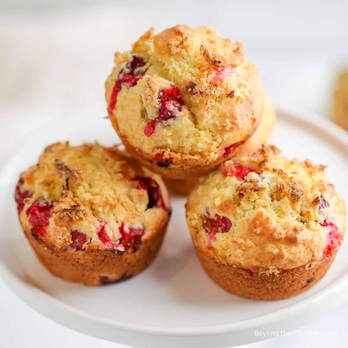 Three cranberry muffins on a plate.