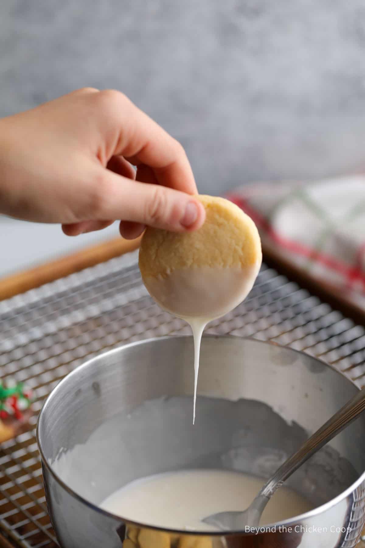 Dipping a cookie into vanilla glaze. 