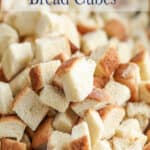 Cubes of bread in a roasting pan.