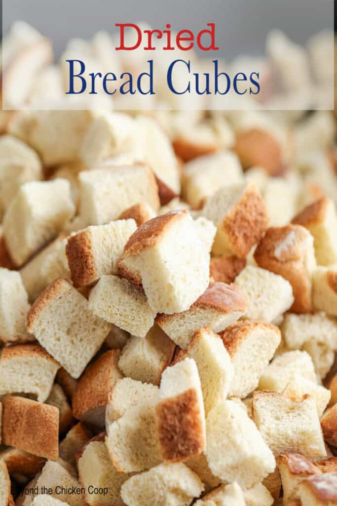 Cubes of bread in a roasting pan.