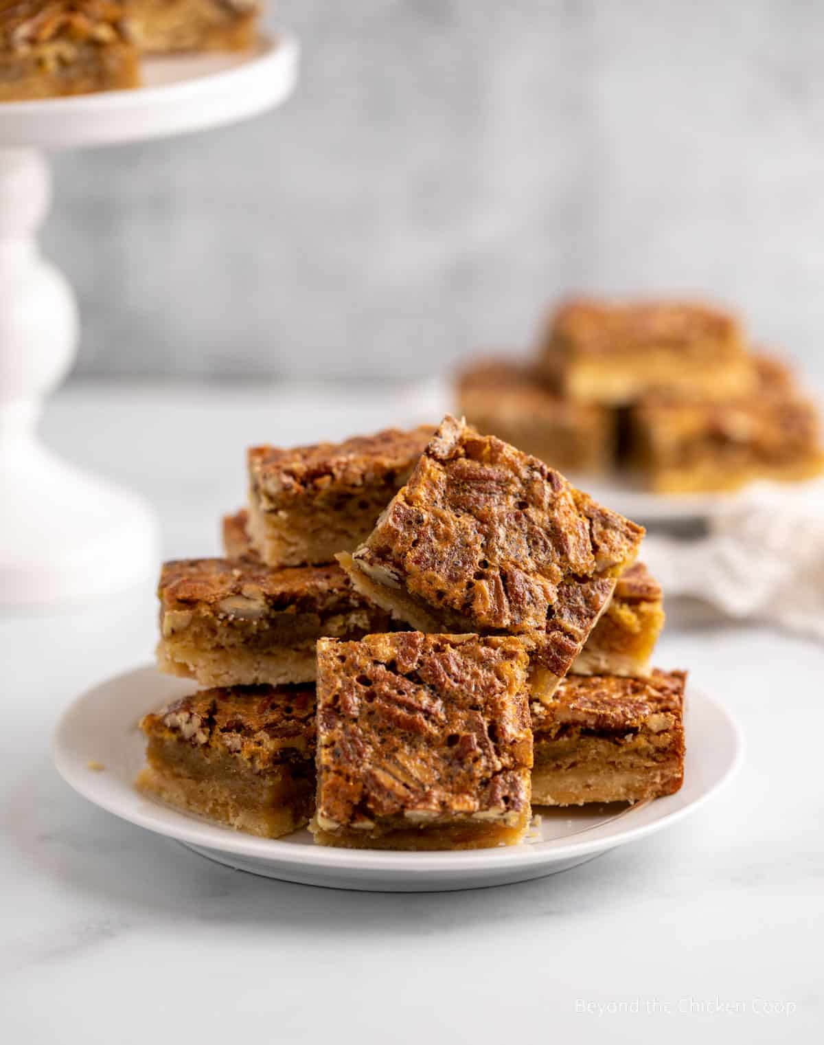 Pecan bars piled on a small white plate.