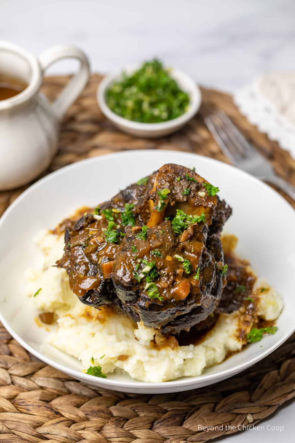 Osso Buco on a plate with mashed potatoes. 