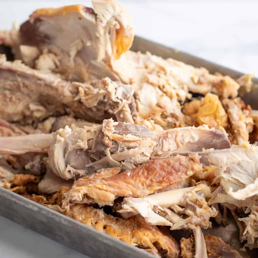 Turkey bones in a roasting pan.