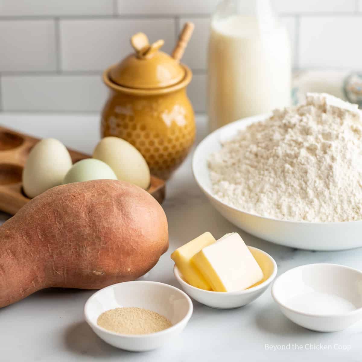 Ingredients for making sweet potato rolls. 