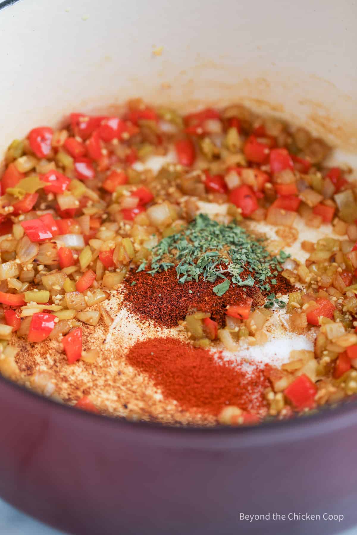 Spices added to sauteed veggies. 