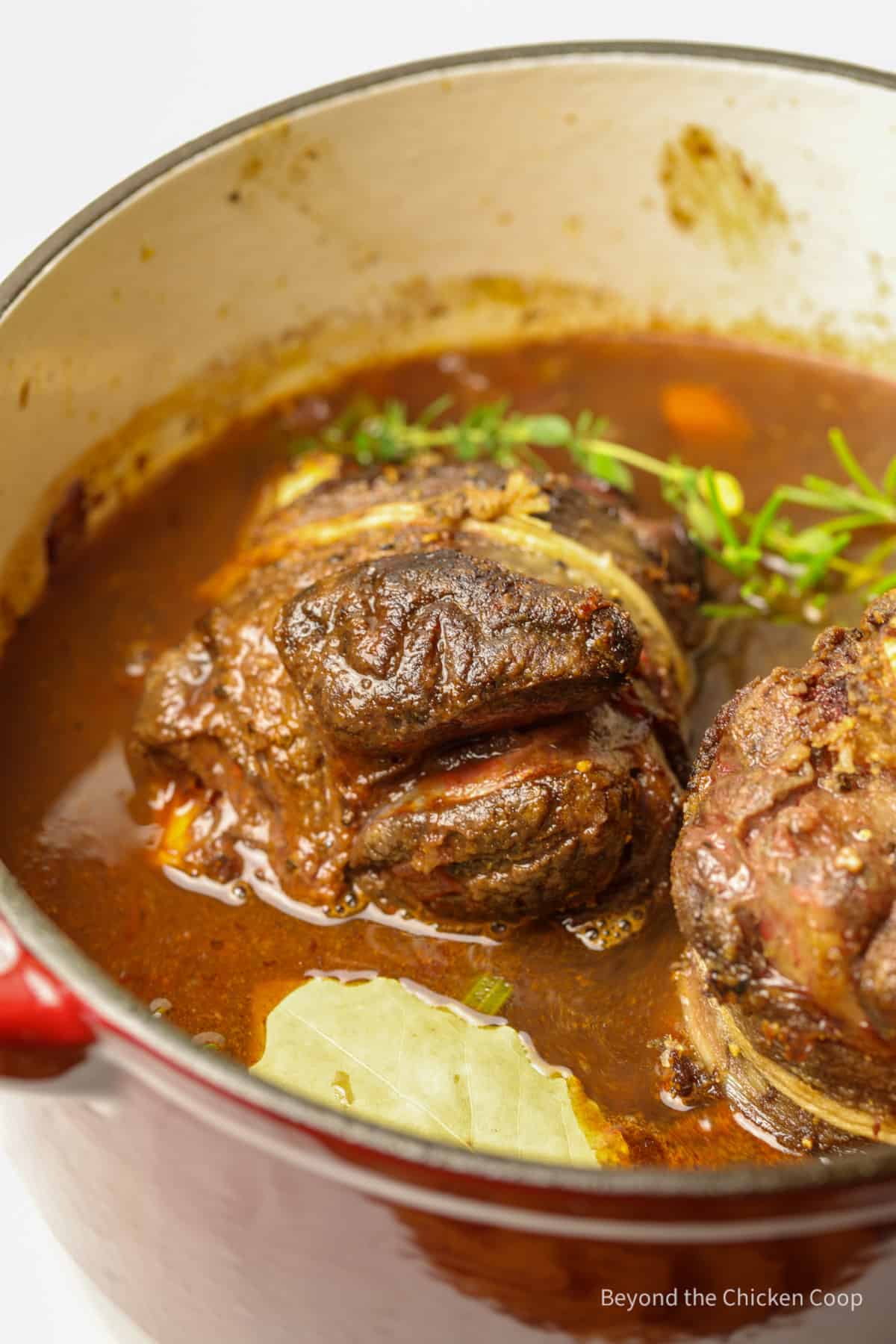 Elk shanks in a pot with a rich broth. 