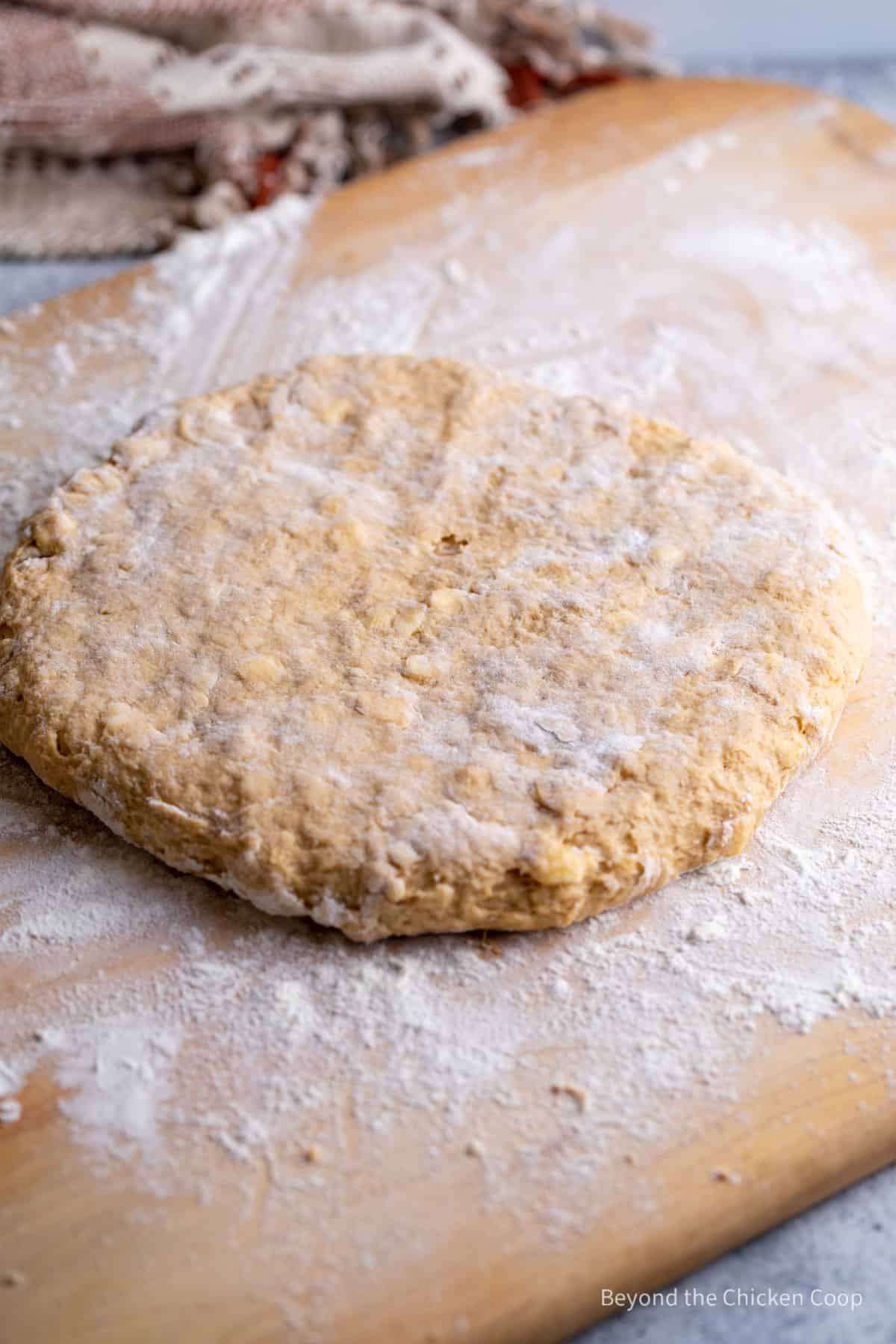 A round disc of dough.