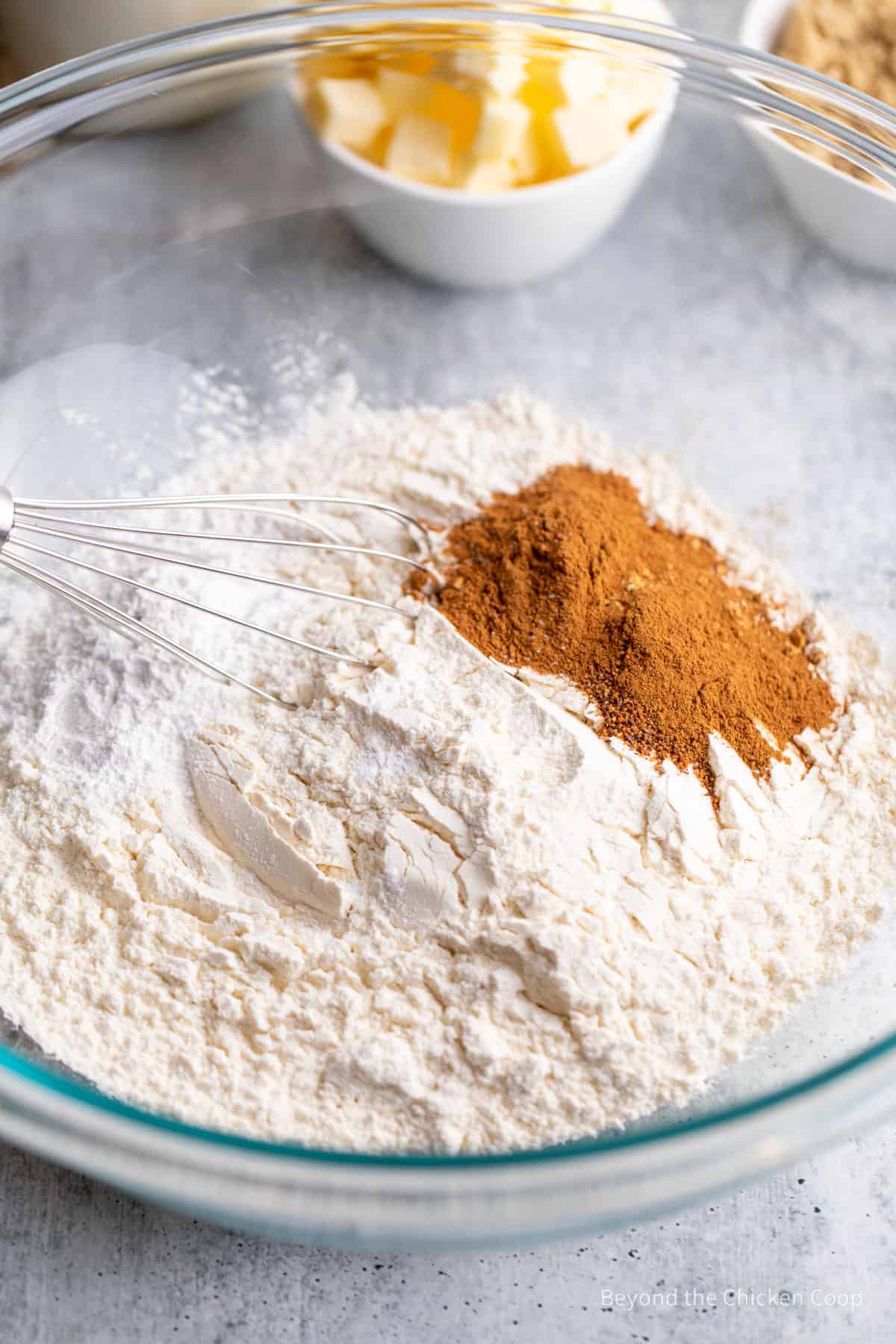 Flour and spices in a mixing bowl.