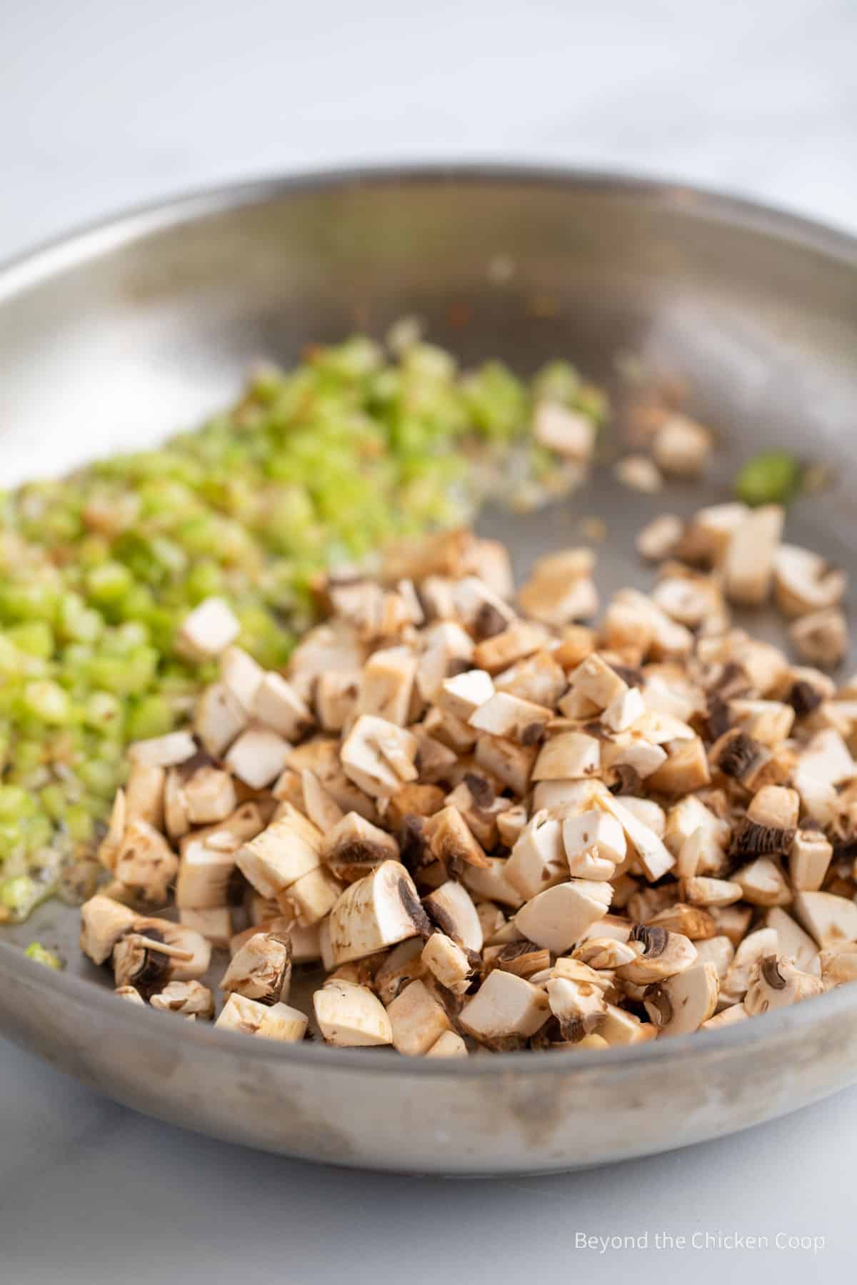 Mushrooms in a saute pan. 