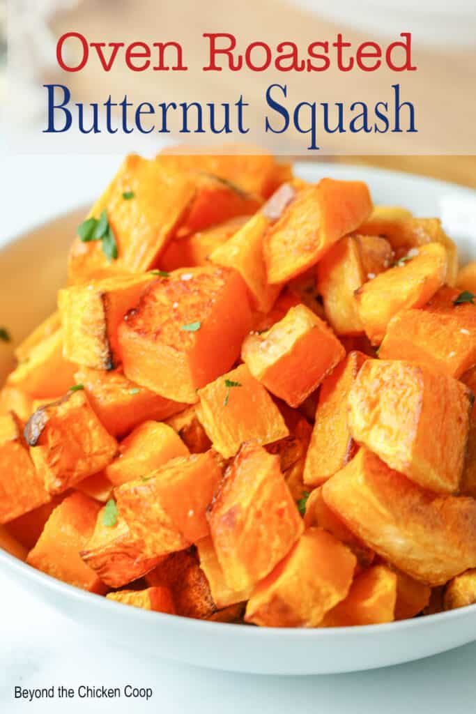 Cubed squash in a white bowl.