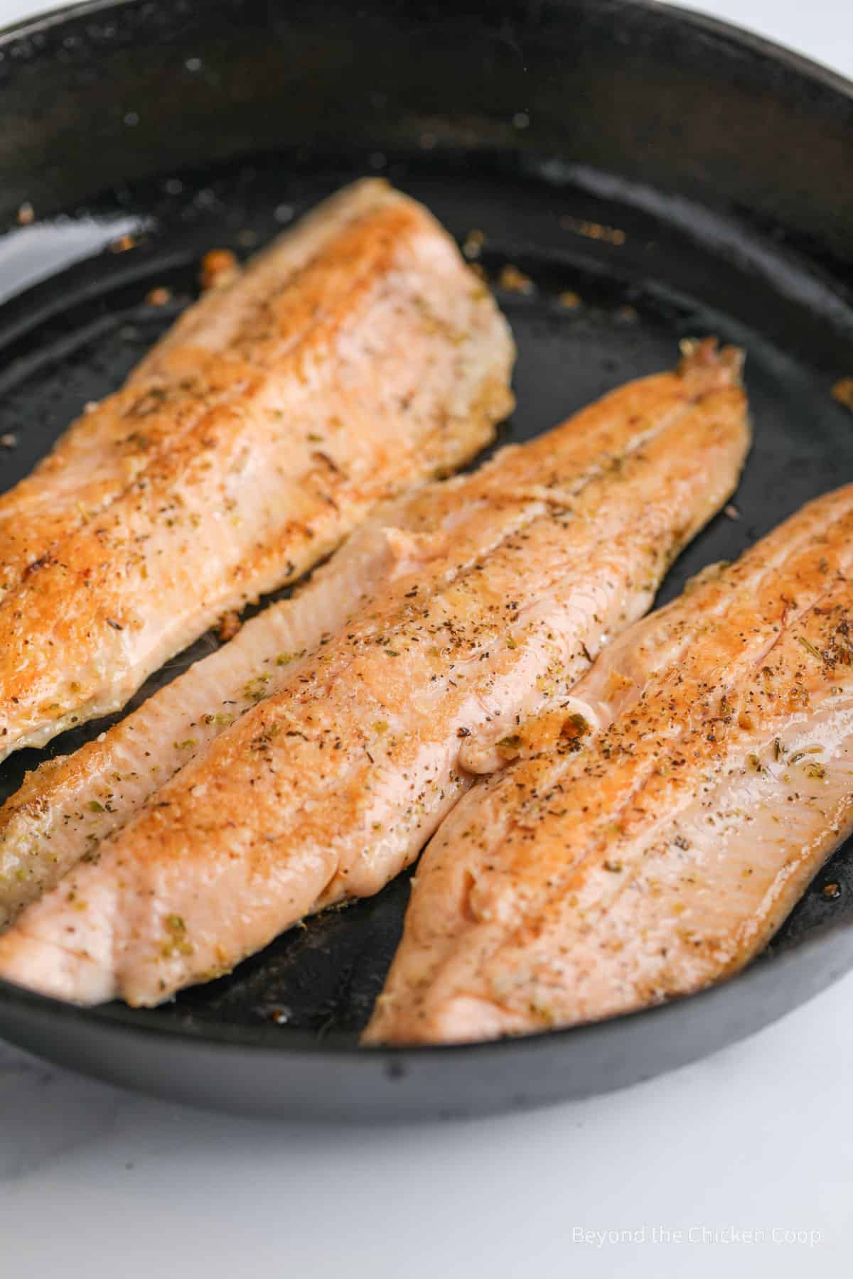 Trout fillets in a cast iron skillet. 