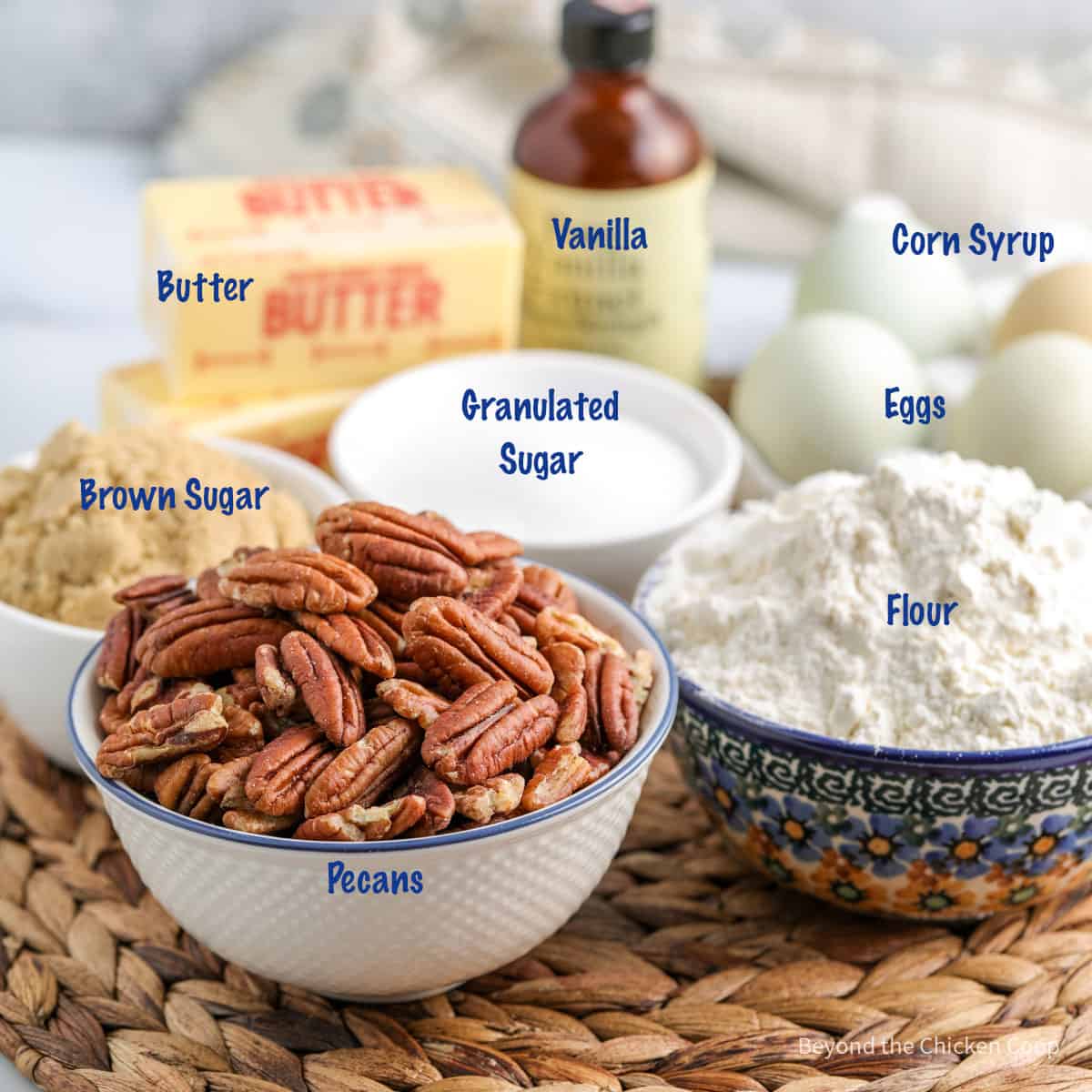 Ingredients for making pecan pie bars.