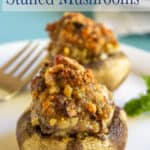 Two stuffed mushrooms on a small white plate.