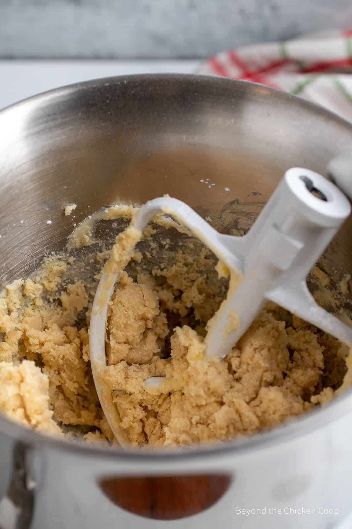 Cookie dough in a mixing bowl. 