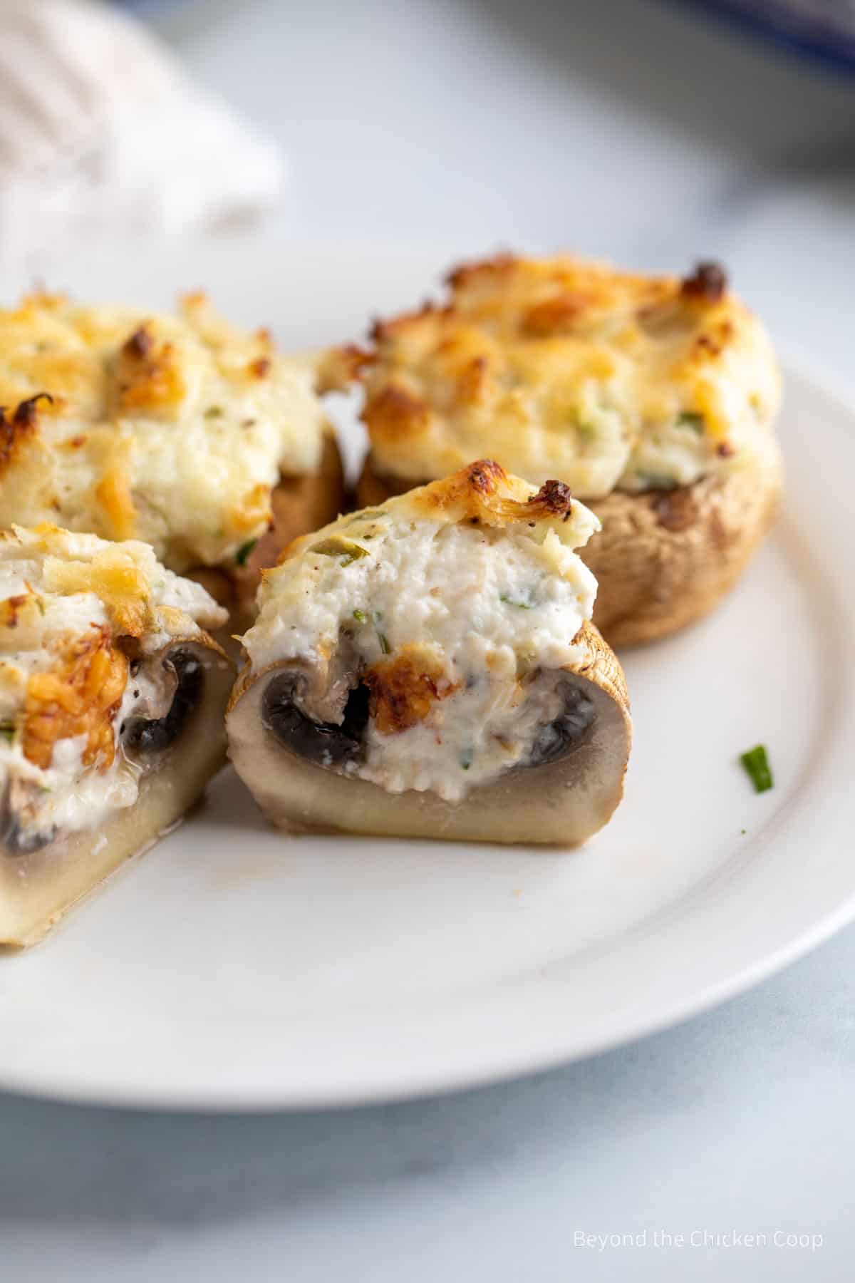 Stuffed mushrooms with one mushroom cut in half. 