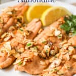 Cooked trout fillets topped with almonds on a plate.