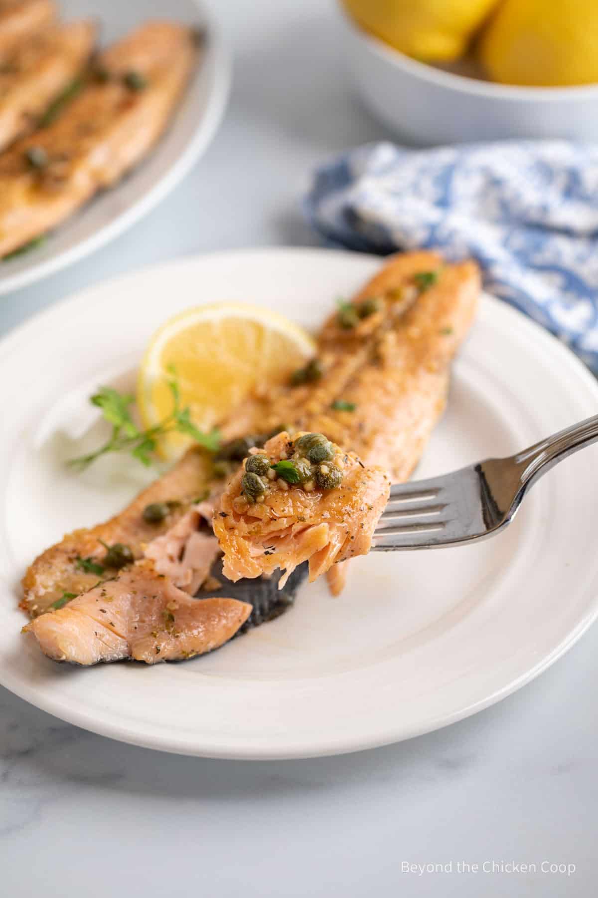 A fork with a bite of trout.