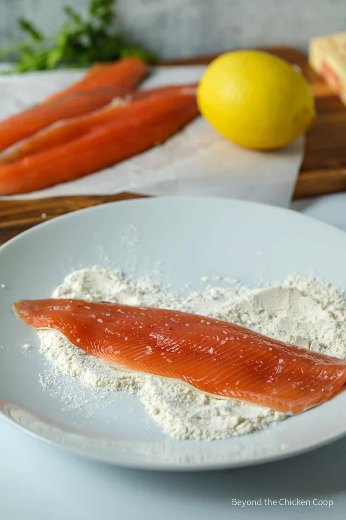 Trout in a pile of flour on a plate.