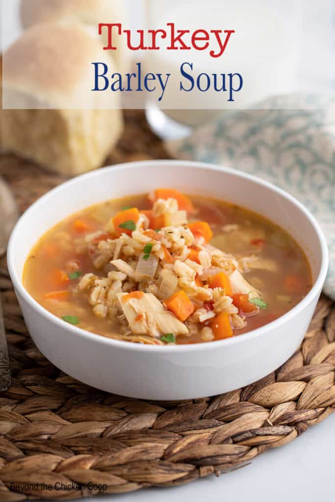 A bowl of soup with carrots and turkey.