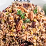 A bowl of rice with pecans and dried cranberries.