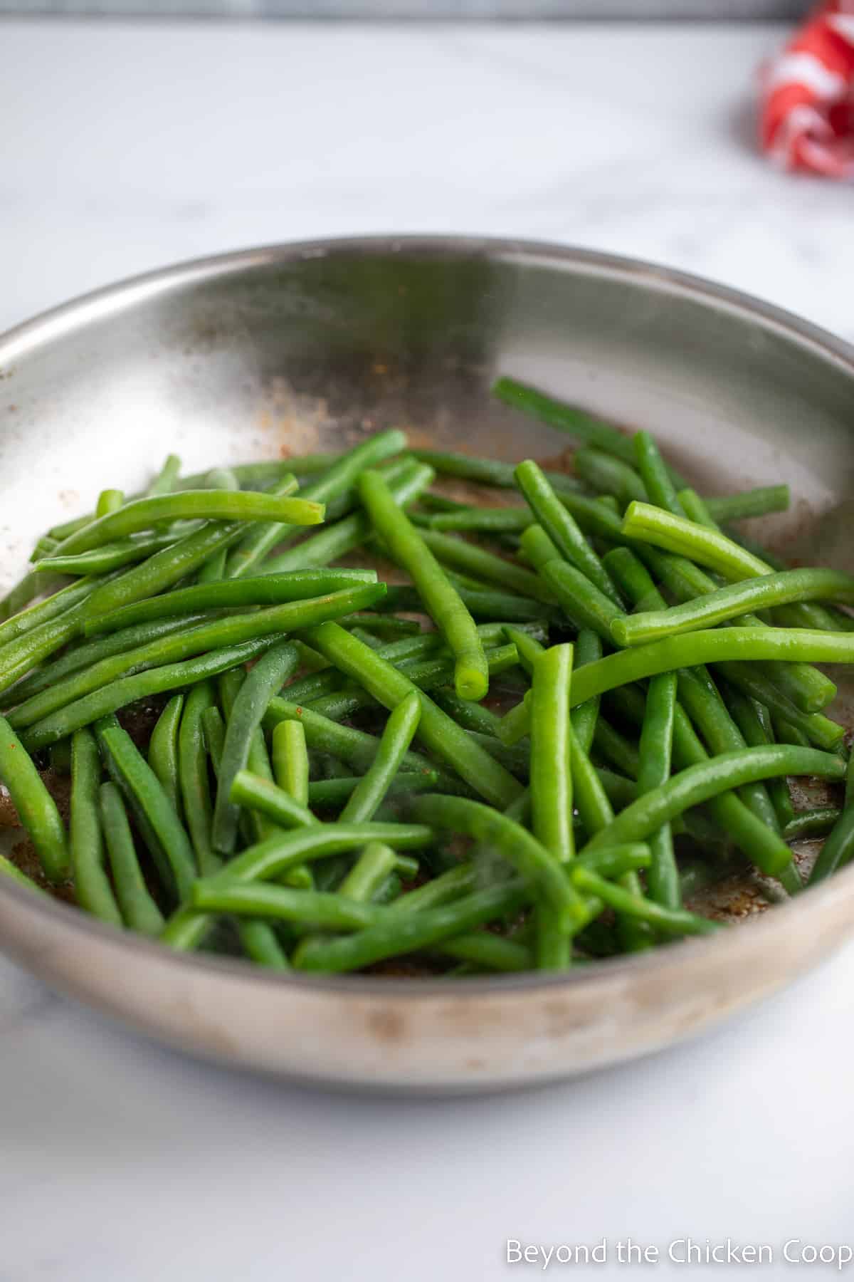 Green beans in a saute pan. 