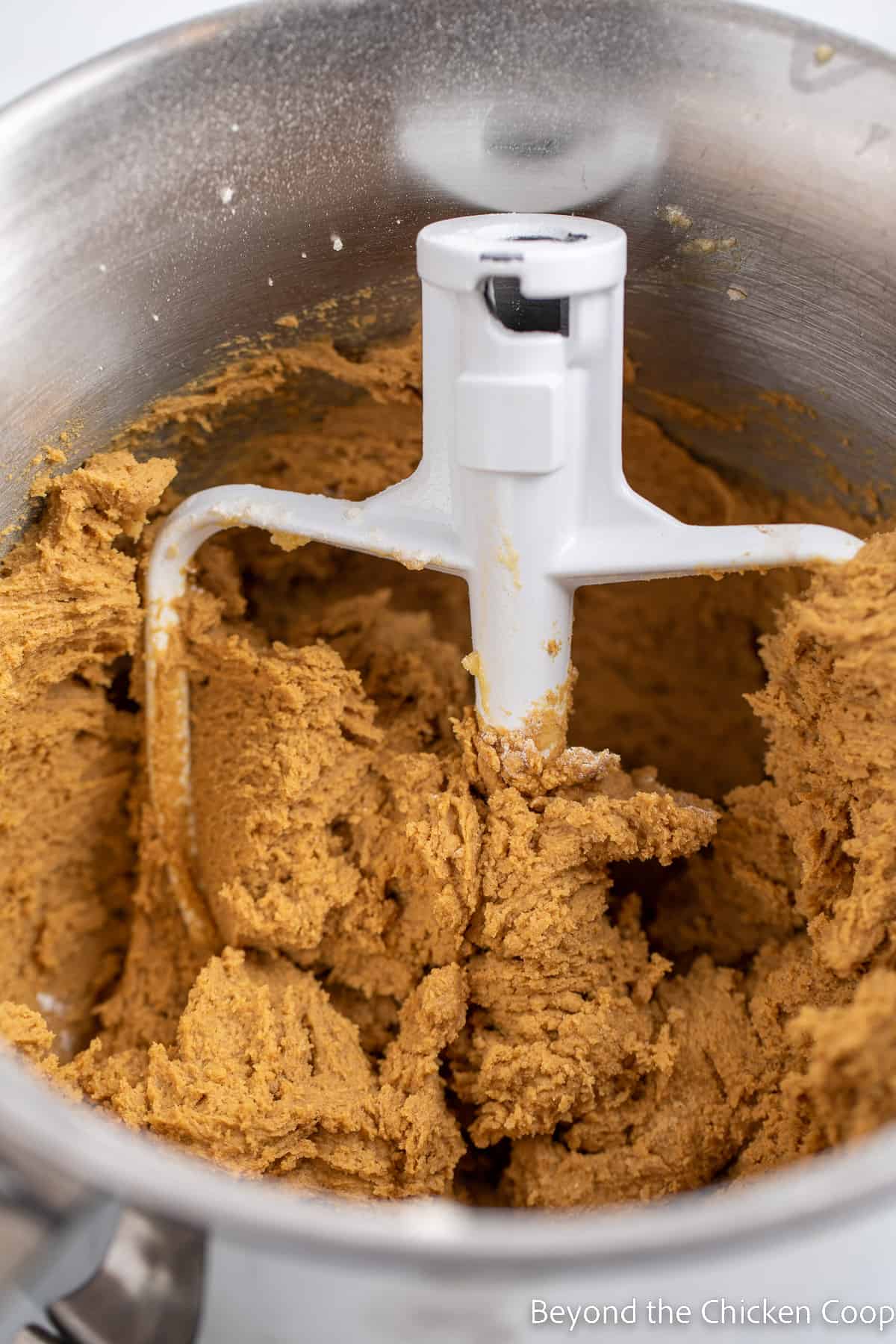 Cookie dough in a mixing bowl. 