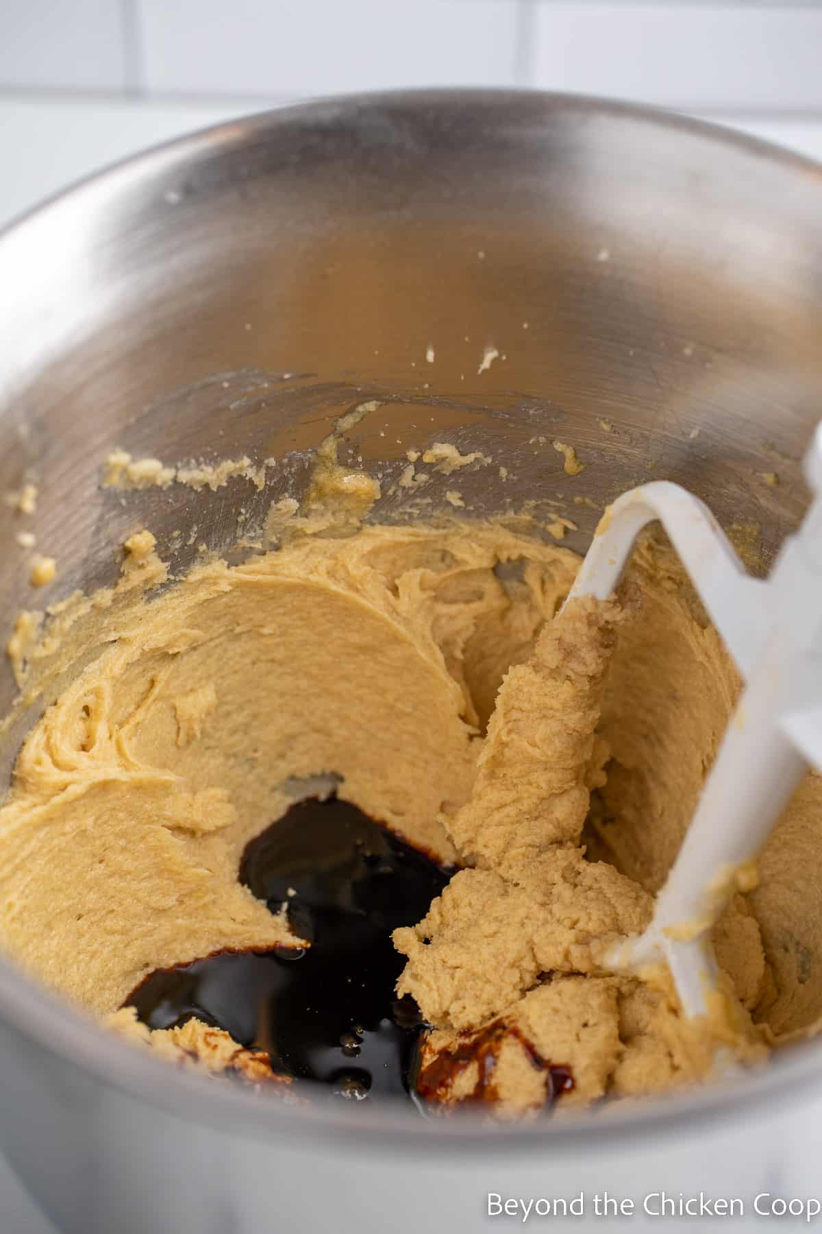 Cookie dough in a mixing bowl.