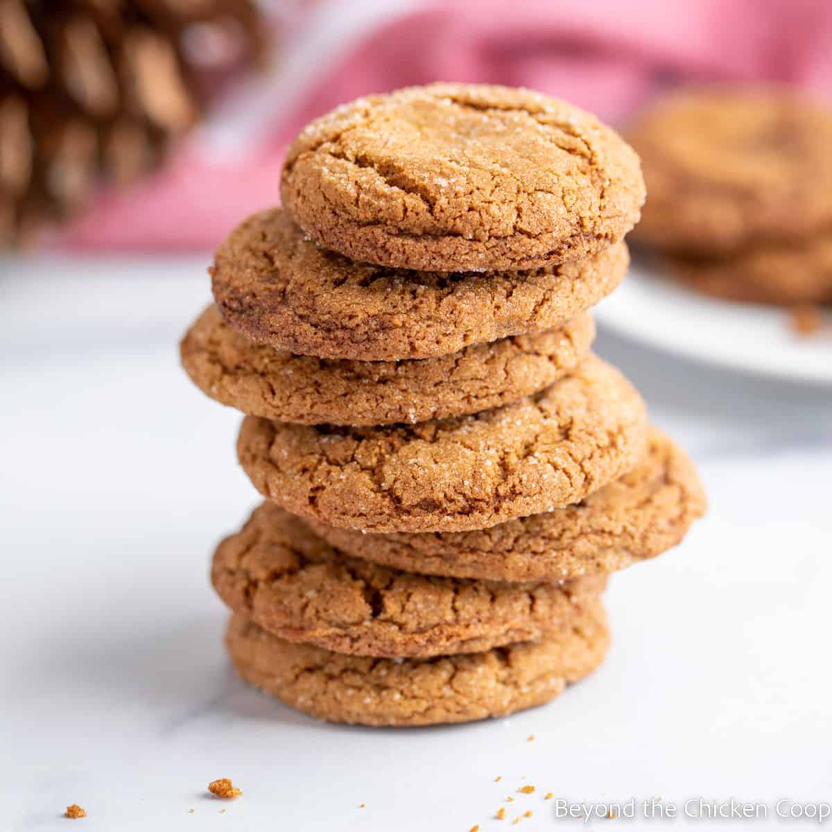 A stack of brown cookies. 