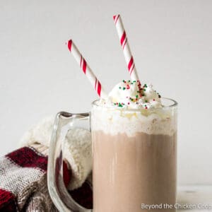 A mug filled with cocoa topped with whipped cream.